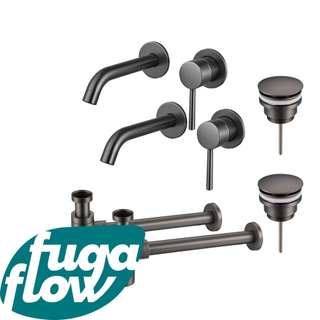 FortiFura Calvi Slim Wastafelkraanset - voor dubbele wastafel - inbouw wastafelkraan - klikwaste plug - design sifon - PVD Gepolijst Gunmetal