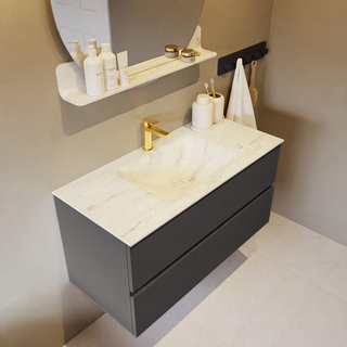 Mondiaz VICA-DLUX Ensemble de meuble de salle de bain - 100cm - meuble sous-vasque gris foncé - 2 tiroirs - lavabo encastré nuage milieu - 1 trou de robinet - version haute de 60cm - opalo