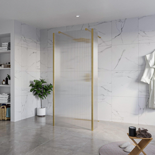 FugaFlow Eccelente Vetro Vrijstaande inloopdouche badkamer - 90x200cm - Helder geribbeld - antikalk - 8mm veiligheidsglas - 2 zijwanden 30cm - met wandarmen en hoekprofielen - Messing geborsteld (goud) -