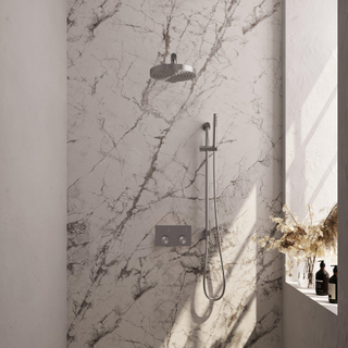 BRAUER Stripe Douche de pluie thermostatique encastrée - boutons-poussoirs - SET 31 - pomme de douche 25cm - bras mural droit - douchette à main barre - flexible de douche - barre coulissante intégrée - couleur inox brossé PVD