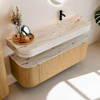 MONDIAZ THOR-DLUX 140cm meuble de salle de bains arrondi gauche + droite couleur Oak avec 1 tiroir et 2 portes. Vasque suspendue CLOUD Droite 1 trou de robinet couleur Nata.