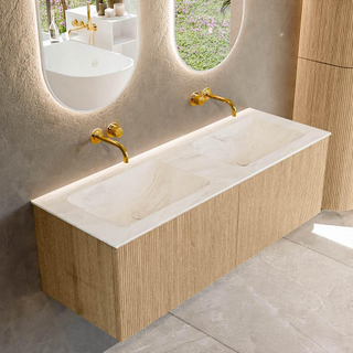 MONDIAZ KURVE-DLUX 130cm Meuble salle de bain - couleur Oak - 2 tiroirs - vasque LEAF double - sans trou de robinet - couleur Ostra