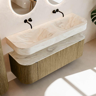 MONDIAZ THOR-DLUX 140cm meuble de salle de bains arrondi gauche + droite couleur Dusk avec 1 tiroir et 2 portes. Vasque suspendue CLOUD Double sans trou de robinet couleur Ostra.