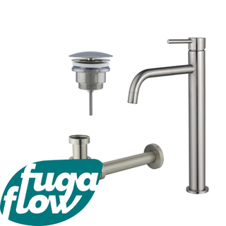 FugaFlow Eccelente Sobrado Badkamer Slim Wastafelkraanset - verhoogde wastafelkraan - always open plug - verlaagde design sifon - PVD Geborsteld RVS