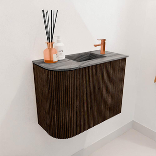 Mondiaz JOYA-DLUX 51.6cm toiletmeubel - ronding links kleur Walnut - Wastafel FAYE positie Rechts 1 kraangat kleur Sombra.
