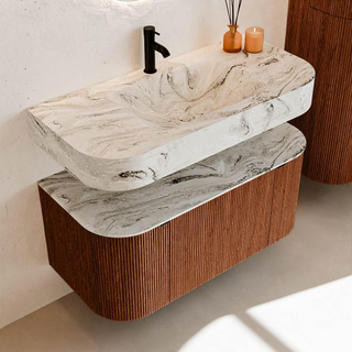 MONDIAZ THOR-DLUX 100cm meuble de salle de bains arrondi gauche + droite couleur Ruby avec 1 tiroir et 2 portes. Vasque suspendue CLOUD Milieu 1 trou de robinet couleur Glace.