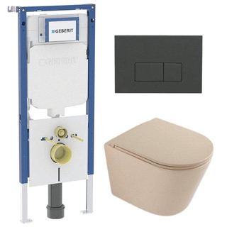 QeramiQ Dely Toiletset - 36.3x51.7cm - diepspoel - rimless - Geberit UP720 inbouwreservoir - softclose toilet zitting - bedieningsplaat antraciet mat - rechthoekige knoppen - mat beige