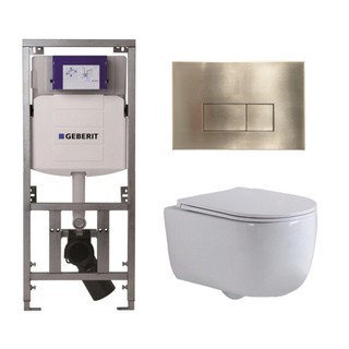 QeramiQ Dely Swirl Toiletset - 36.3x51.7cm - Geberit UP320 Burda inbouwreservoir - slim zitting - geborsteld messing bedieningsplaat - rechthoekige knoppen - wit glans