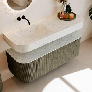 MONDIAZ THOR-DLUX 130cm meuble de salle de bains arrondi gauche + droite couleur Shadow avec 1 tiroir et 2 portes. Vasque suspendue CLOUD Gauche sans trou de robinet couleur Opalo.