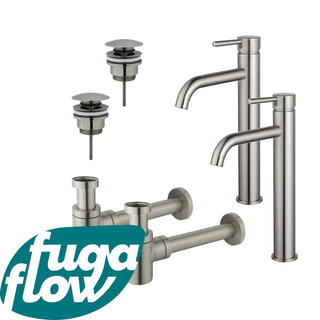 FugaFlow Eccelente Sobrado Badkamer Wastafelkraanset - voor dubbele wastafel - verhoogde wastafelkraan - klikwaste plug - verlaagde design sifon - PVD Geborsteld RVS