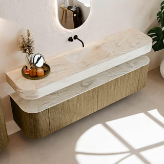 MONDIAZ THOR-DLUX 190cm meuble de salle de bains arrondi gauche + droite couleur Dusk avec 2 tiroirs et 2 portes. Vasque suspendue CLOUD Milieu sans trou de robinet couleur Ostra.