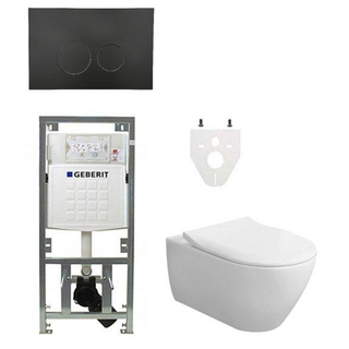 Ensemble de toilettes villeroy and boch directflush ceramicplus siège slimseat avec réservoir de chasse geberit et plaque de commande avec boutons ronds noir mat