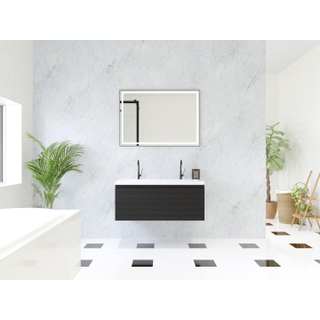 HR Matrix ensemble meuble de salle de bain 3d 100cm 1 tiroir sans poignée avec bandeau couleur noir mat avec vasque djazz 2 trous de robinetterie blanc