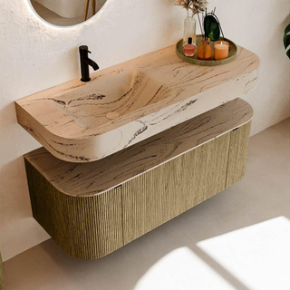 MONDIAZ THOR-DLUX 120cm meuble de salle de bains arrondi gauche + droite couleur Dusk avec 1 tiroir et 2 portes. Vasque suspendue CLOUD Gauche 1 trou de robinet couleur Arena.