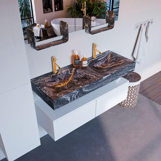 Mondiaz ALAN-DLUX Ensemble de meuble - 120cm - meuble Talc mat - 2 tiroirs - Lavabo Cloud Lava suspendu - vasque Gauche et droite - 2 trous de robinet