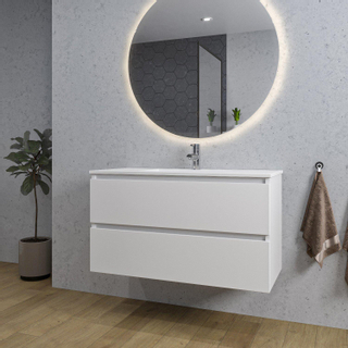 Adema Chaci Meuble salle de bain - 100x46x57cm - 1 vasque en céramique blanche - 1 trou de robinet - 2 tiroirs - miroir rond avec éclairage - blanc mat