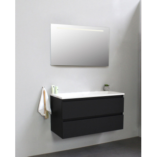 Basic Bella Badkamermeubelset - 100x55x46cm - 1 wasbak - Acryl - Wit - 0 kraangaten - Wandspiegel met verlichting - Melamine Zwart mat