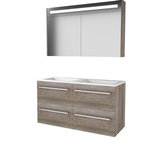 Basic-Line Premium 46 ensemble de meubles de salle de bain 120x46cm avec poignées 4 tiroirs lavabo acrylique 0 trous de robinetterie armoire de toilette éclairage led intégré mfc scotch oak