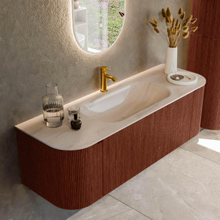 MONDIAZ KURVE-DLUX 140cm badmeubel ronding Links + Rechts kleur Ruby met 1 lade en 2 deuren. Wastafel BIG SMALL Midden 1 kraangat Meli.