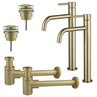FugaFlow Eccelente Sobrado Slim Kit robinet lavabo - pour double vasque - robinet rehaussé - bonde clic clac - siphon design bas - Laiton brossé PVD