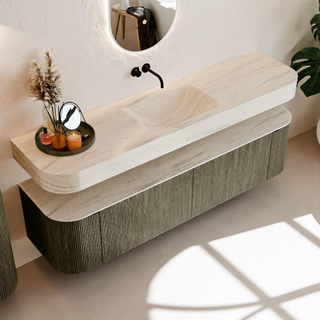 MONDIAZ THOR-DLUX 180cm meuble de salle de bains arrondi gauche + droite couleur Shadow avec 2 tiroirs et 2 portes. Vasque suspendue CLOUD Milieu sans trou de robinet couleur Meli.