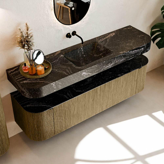 MONDIAZ THOR-DLUX Meuble de salle de bains 170cm arrondi gauche + droite couleur Dusk avec 1 tiroir et 2 portes. Vasque suspendue CLOUD Milieu sans trou de robinet couleur Lava.