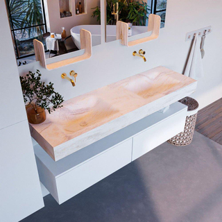 Mondiaz ALAN-DLUX Ensemble de meuble - 150cm - meuble Talc mat - 2 tiroirs - Lavabo Cloud Ostra suspendu - vasque Gauche et droite - 0 trous de robinet