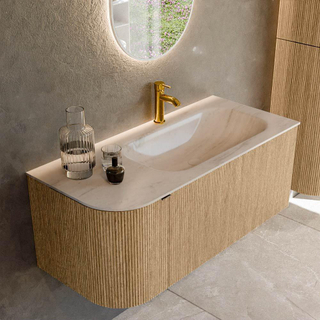MONDIAZ KURVE-DLUX 105cm badmeubel ronding Links kleur Oak met 1 lade en 1 deur. Wastafel BIG SMALL Rechts 1 kraangat Meli.
