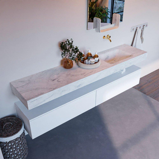 Mondiaz ALAN-DLUX Ensemble de meuble - 200cm - meuble Talc mat - 2 tiroirs - Lavabo Cloud Opalo suspendu - vasque Droite - 0 trous de robinet