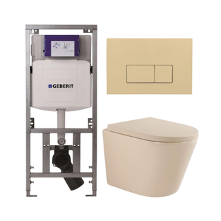 QeramiQ Dely Ensemble de toilette - 36.3x51.7cm - à fond creux - sans bride - réservoir Geberit UP320 - abattant WC frein de chute 35mm - plaque de commande beige - boutons rectangulaires - beige mat