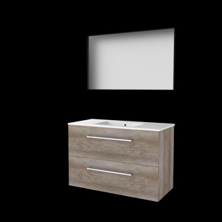 Basic-Line meuble de salle de bain encadré 46 ensemble 100x46cm avec poignées 2 tiroirs lavabo en porcelaine 1 trou pour robinet miroir cadre aluminium noir mat tout autour mfc scotch oak