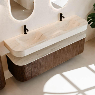 MONDIAZ THOR-DLUX Meuble de salle de bains 170cm arrondi gauche + droite couleur Walnut avec 1 tiroir et 2 portes. Vasque suspendue CLOUD Double 2 trous de robinet couleur Meli.