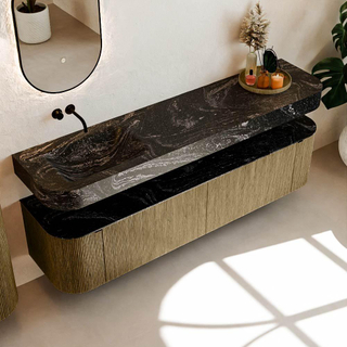 MONDIAZ THOR-DLUX 190cm meuble de salle de bains arrondi gauche + droite couleur Dusk avec 2 tiroirs et 2 portes. Vasque suspendue CLOUD gauche sans trou de robinet couleur Lava.