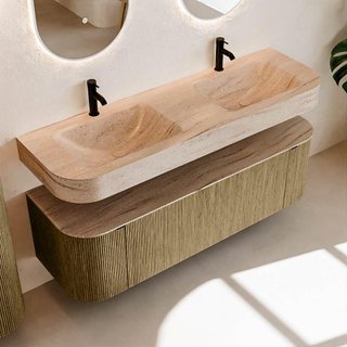 MONDIAZ THOR-DLUX 150cm meuble de salle de bains arrondi gauche + droite couleur Dusk avec 1 tiroir et 2 portes. Vasque suspendue CLOUD Double 2 trous de robinet couleur Saba.