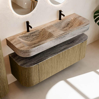 MONDIAZ THOR-DLUX 140cm meuble de salle de bains arrondi gauche + droite couleur Dusk avec 1 tiroir et 2 portes. Vasque suspendue CLOUD Double 2 trous de robinet couleur Oza.