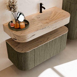 MONDIAZ THOR-DLUX 110cm meuble de salle de bains arrondi gauche + droite couleur Shadow avec 1 tiroir et 2 portes. Vasque suspendue CLOUD Droite 1 trou de robinet couleur Arena.