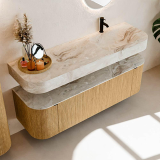 MONDIAZ THOR-DLUX 150cm meuble de salle de bains arrondi gauche + droite couleur Oak avec 1 tiroir et 2 portes. Vasque suspendue CLOUD Droite 1 trou de robinet couleur Frappe.