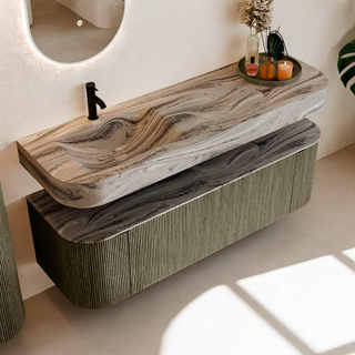 MONDIAZ THOR-DLUX 150cm meuble de salle de bains arrondi gauche + droite couleur Shadow avec 1 tiroir et 2 portes. Vasque suspendue CLOUD Gauche 1 trou de robinet couleur Sombra.