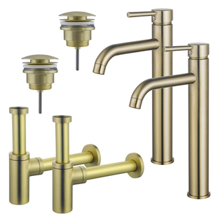 FugaFlow Eccelente Sobrado Kit robinet lavabo - pour double vasque - robinet rehaussé - bonde clic clac - siphon design - Laiton brossé PVD