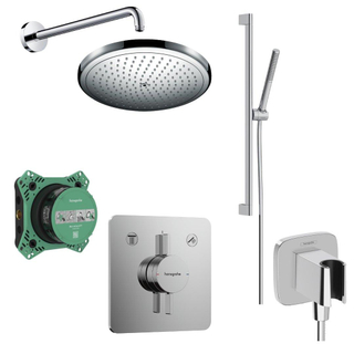 Hansgrohe Duoturn Q Ensemble de douche encastré - mitigeur thermostatique - pomme de douche - bras de douche - support de douchette - douchette à main sur barre - barre coulissante - flexible de douche - coulisseau - chrome