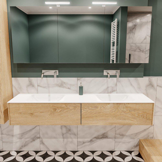 MONDIAZ LUSH Ensemble de meuble salle de bain - 180cm - 2 tiroirs - lavabo cloud - 2 lavabos - 0 trous de robinet - chêne blanchi