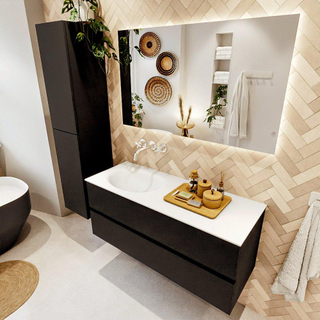 MONDIAZ VICA meuble sous lavabo 120cm Urban 2 tiroirs. Lavabo MOON gauche sans trou de robinet, couleur Talc.