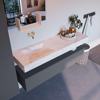 Mondiaz ALAN-DLUX Ensemble de meuble - 150cm - meuble Plata mat - 1 tiroir - Lavabo Cloud Ostra suspendu - vasque Gauche - 0 trous de robinet