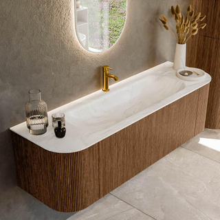 MONDIAZ KURVE-DLUX 150cm Meuble salle de bain avec module 25 G et D - couleur Walnut - 1 tiroir - 2 portes - vasque BIG MEDIUM centre - 1 trou de robinet - couleur Ostra