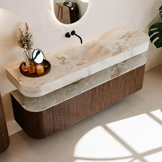 MONDIAZ THOR-DLUX Meuble de salle de bains - 170cm - arrondi gauche + droite - couleur Walnut - 1 tiroir - 2 portes - Vasque suspendue CLOUD Milieu sans trou de robinet - couleur Frappe