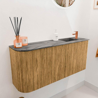 Mondiaz JOYA-DLUX 91.6cm toiletmeubel - ronding links kleur Oak - Wastafel FAYE positie Rechts 1 kraangat kleur Sombra.