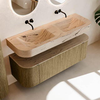 MONDIAZ THOR-DLUX 140cm meuble de salle de bains arrondi gauche + droite couleur Dusk avec 1 tiroir et 2 portes. Vasque suspendue CLOUD Double sans trou de robinet couleur Arena.