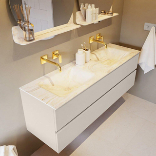 Mondiaz VICA-DLUX ensemble de meuble de salle de bain - 150cm - meuble sous-vasque lin - 2 tiroirs - lavabo encastrée cloud double - sans trous de robinet - version haute de 60cm - ostra