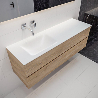 MONDIAZ VICA Ensemble de meuble salle de bain - 150cm - 2 tiroirs - lavabo Cloud gauche - 0 trous de robinet - solid surface chêne blanchi