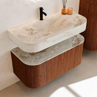 MONDIAZ THOR-DLUX Meuble de salle de bains - 100cm - arrondi gauche + droite - couleur Ruby - 1 tiroir - 2 portes - Vasque suspendue CLOUD Milieu 1 trou de robinet couleur Frappe